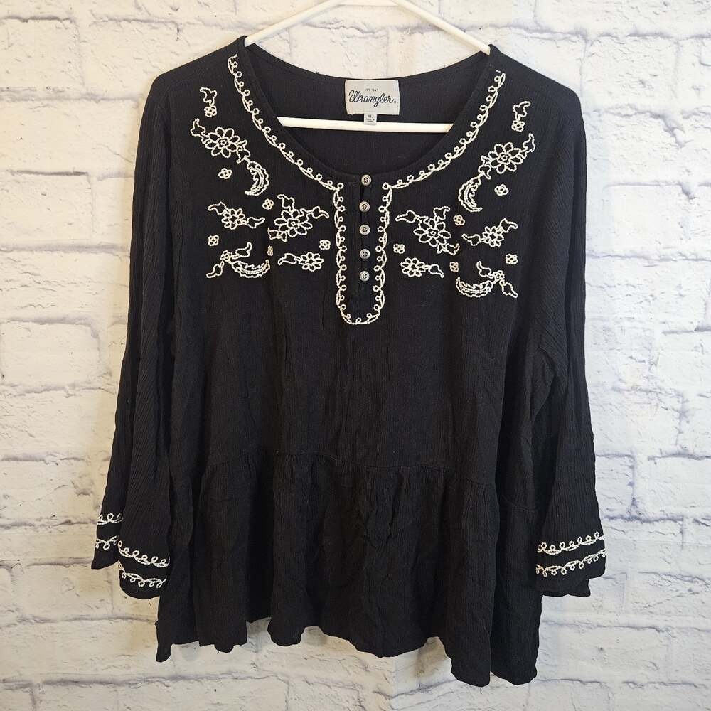 Wrangler Peasant Top Blouse XL Black Embroidered Country Western